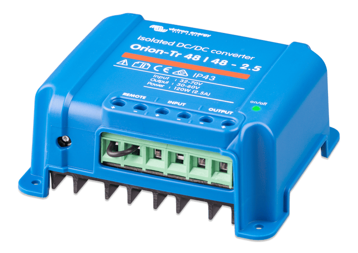 Side perspective of the blue Victron Orion-Tr 48V 120W DC-DC converter