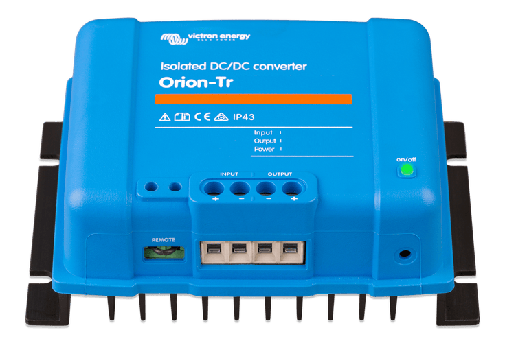 Front angled view of Victron 12V DC-DC converter showing terminal block and remote port