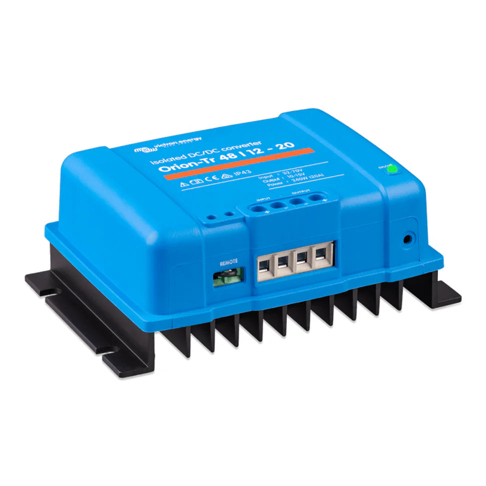 Side perspective of the blue DC-DC converter showing the black cooling heatsink