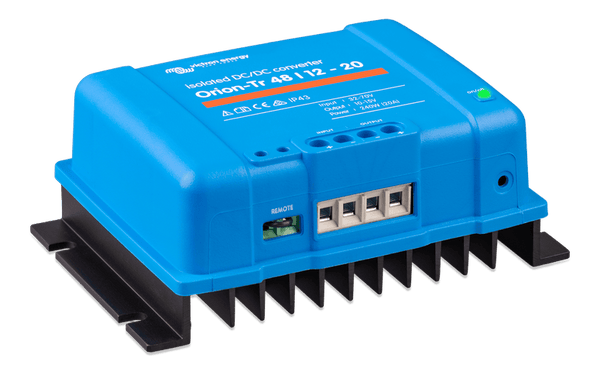 Side perspective of the blue DC-DC converter showing the black cooling heatsink