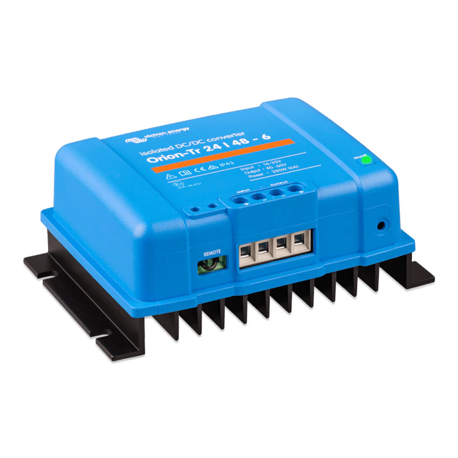 Left angled view of the Victron Orion-Tr isolated converter highlighting the remote port