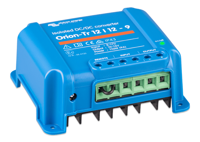 Side perspective of Victron Orion-Tr converter with casing detail and mounting holes