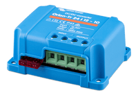 Side perspective of blue Victron 24V to 12V power converter with mounting base