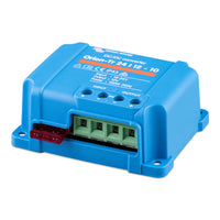 Side perspective of blue Victron 24V to 12V power converter with mounting base