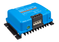 Perspective view of the isolated DC-DC converter showing the mounting brackets and blue enclosure