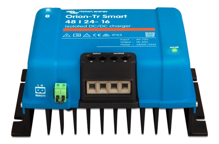 Perspective view of Victron 48V-24V isolated charger highlighting terminal arrangement