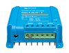 Angled front view of blue Victron DC-DC converter showing the green terminal block and cooling fins