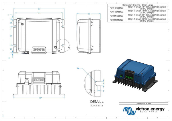 Technical dimensional drawing of the Victron Orion-Tr chassis showing 130mm x 186mm x 80mm measurements