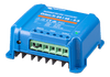 Side view of blue isolated converter showing integrated cooling fins and mounting flange