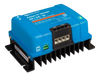 Perspective view of blue Victron charger showing the remote on/off port and side heat sink