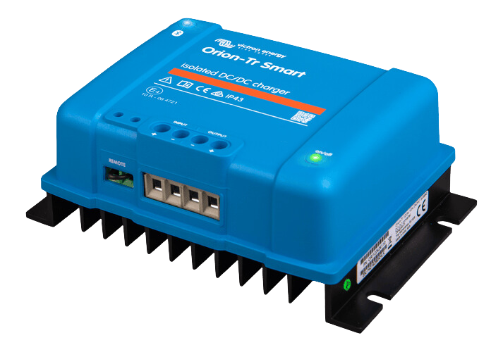 Angled perspective view of the blue Victron DC-DC charger showing terminal ports and heat sink