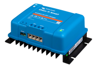 Angled perspective view of the blue Victron DC-DC charger showing terminal ports and heat sink