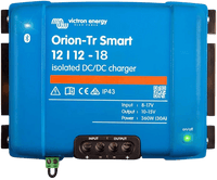 Front view of Victron Orion-Tr Smart 12/12-18A isolated DC-DC charger with terminal block and status LEDs