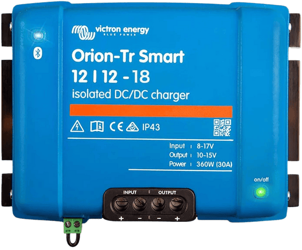 Front view of Victron Orion-Tr Smart 12/12-18A isolated DC-DC charger with terminal block and status LEDs