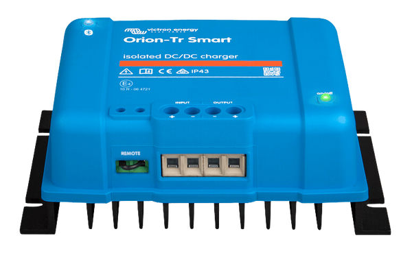 Front-facing perspective of the Victron Orion-Tr Smart charger with visible mounting flanges