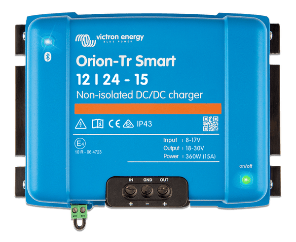 Front view of Victron Orion-Tr Smart 12/24-15 non-isolated DC-DC charger with terminal labels
