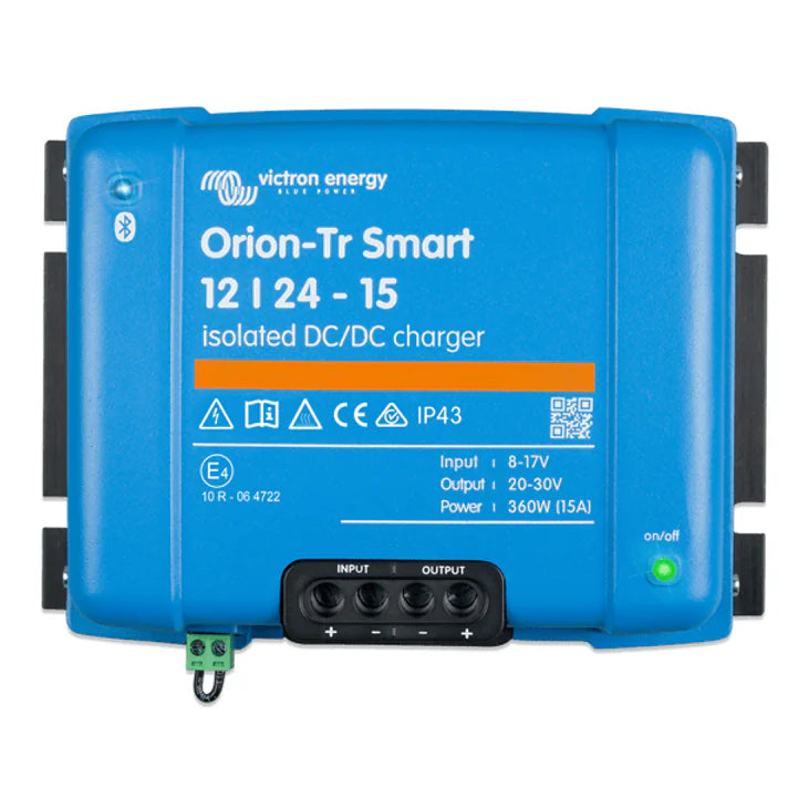 Front view of blue Victron Orion-Tr Smart 12/24-15A isolated DC-DC charger