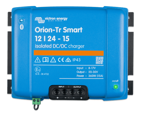 Front view of blue Victron Orion-Tr Smart 12/24-15A isolated DC-DC charger