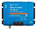 Front view of blue Victron Orion-Tr Smart 12/48-8 isolated DC-DC charger showing interface and terminals