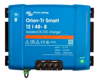 Front view of blue Victron Orion-Tr Smart 12/48-8 isolated DC-DC charger showing interface and terminals