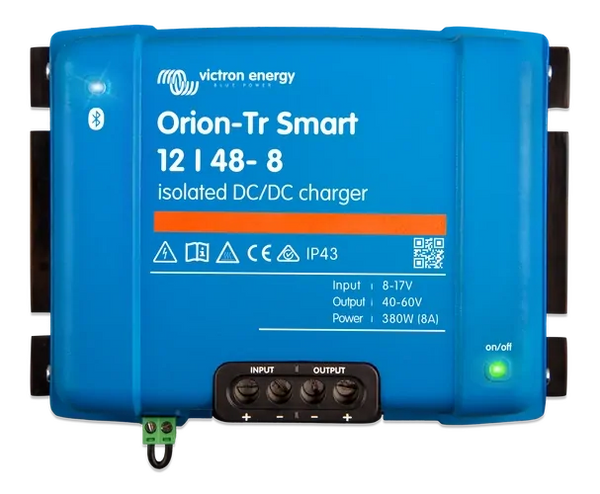 Front view of blue Victron Orion-Tr Smart 12/48-8 isolated DC-DC charger showing interface and terminals