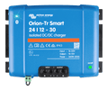 Front view of Victron Orion-Tr Smart 24/12-30A isolated DC-DC charger with blue casing and terminals