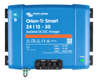 Front view of Victron Orion-Tr Smart 24/12-30A isolated DC-DC charger with blue casing and terminals
