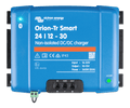 Top-down view of blue Victron Orion-Tr Smart 24/12-30A non-isolated DC-DC charger with terminal labels