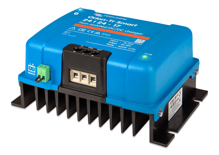 Perspective view of blue Victron DC charger with black cooling fins