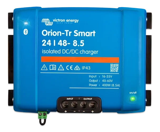 Front view of blue Victron Orion-Tr Smart 24/48-8.5 isolated DC-DC charger showing terminals and LEDs