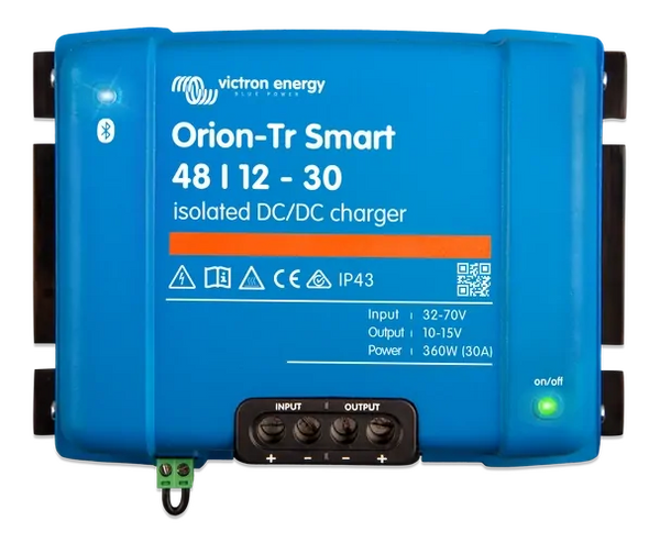 Top view of Victron Orion-Tr Smart 48V to 12V 30A isolated DC-DC charger showing labels and terminals