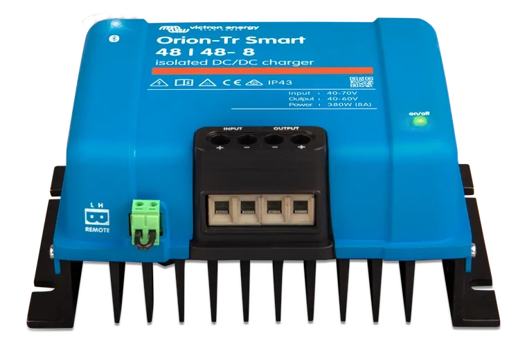 Three-quarter perspective view of the blue Victron Orion-Tr Smart 48V isolated charger showing terminals
