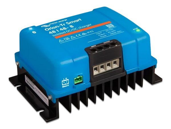Angled view highlighting the green remote on/off port and main power terminal block