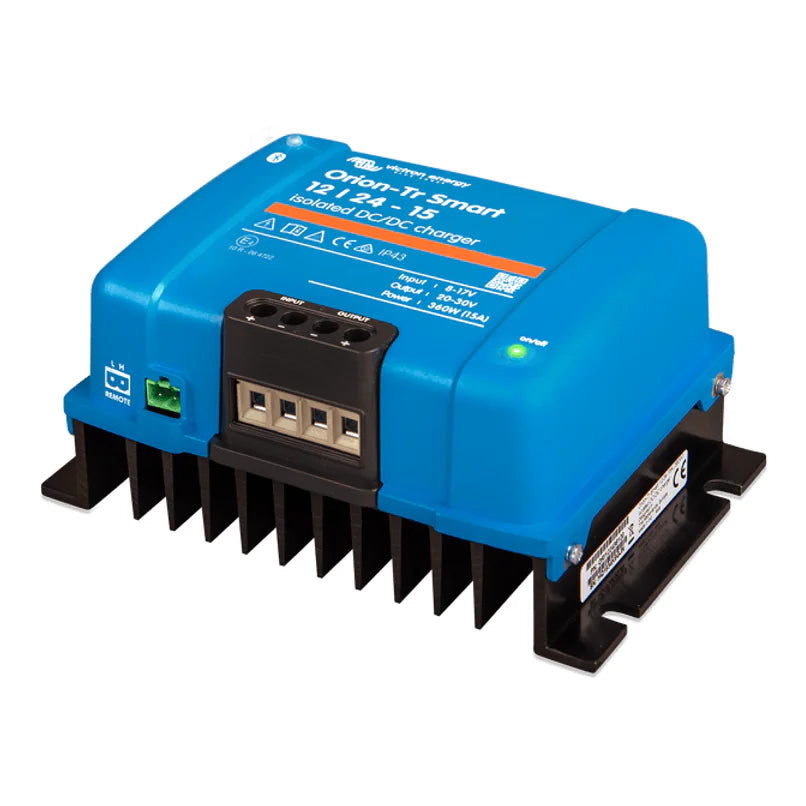 Angled view showing the large integrated heatsink and terminals of the 12/24-15A charger