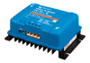 Left perspective view of a blue Victron Orion-Tr Smart DC-DC charger showing cooling fins and side terminals