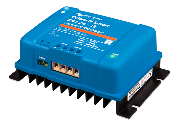 Left perspective view of a blue Victron Orion-Tr Smart DC-DC charger showing cooling fins and side terminals
