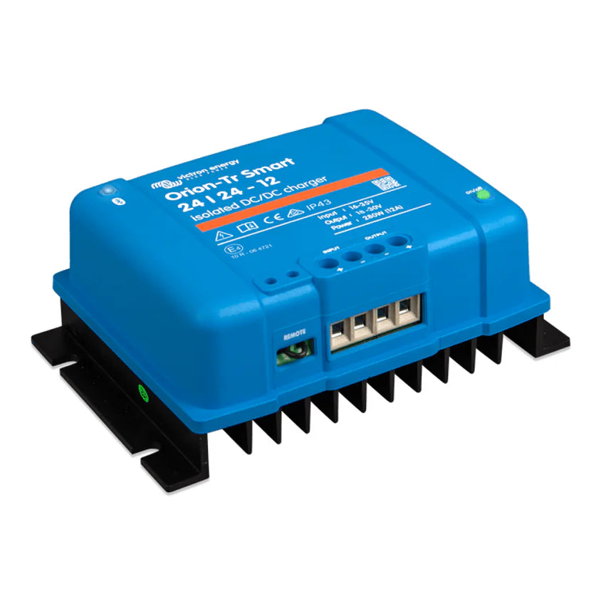 Right perspective view of Victron Orion-Tr Smart DC-DC charger with visible mounting flanges and heatsink