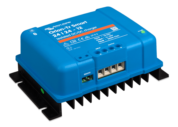 Right perspective view of Victron Orion-Tr Smart DC-DC charger with visible mounting flanges and heatsink