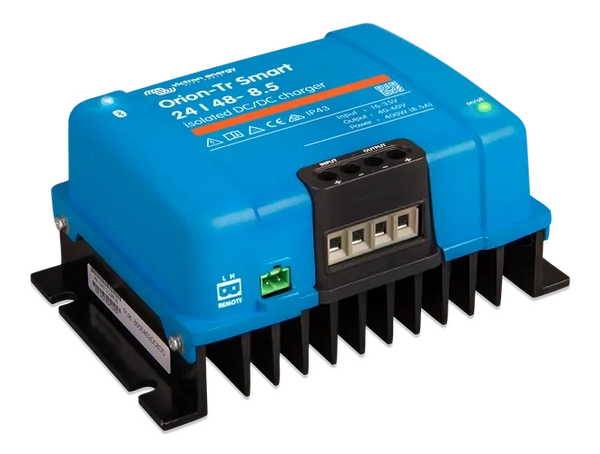 Side perspective view of the blue Victron DC-DC charger showing mounting points and heat sink fins