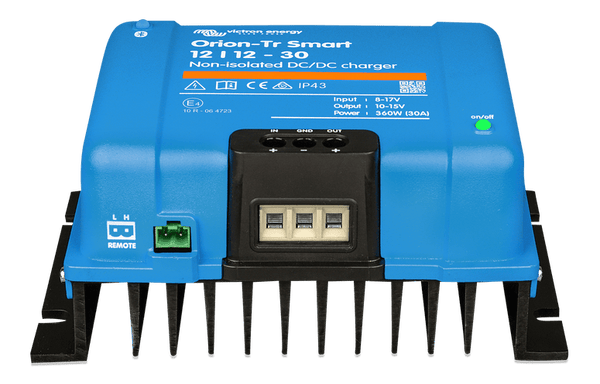 Front perspective of the Victron charger showing remote port and DC terminals