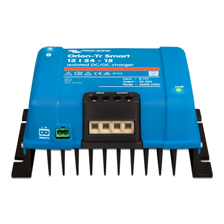 Front perspective view of the blue Victron DC-DC charger showing interface labels