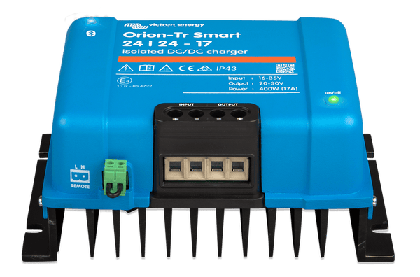 Front angle of the 400W 17A Victron Orion-Tr Smart 24V isolated DC-DC charger