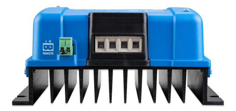 Front view of the charger terminals and large vertical cooling fins of the Victron Orion-Tr Smart 24/12-30