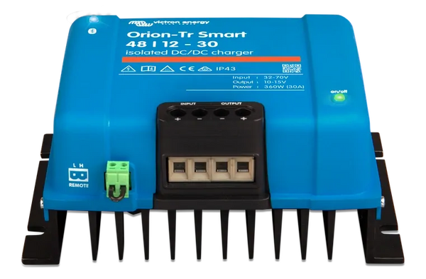 Front on view of the Victron Orion-Tr Smart DC-DC charger showing the terminal access point
