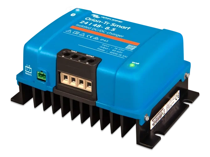 Angled side view of Victron Orion-Tr charger showing the black aluminium heat sink base