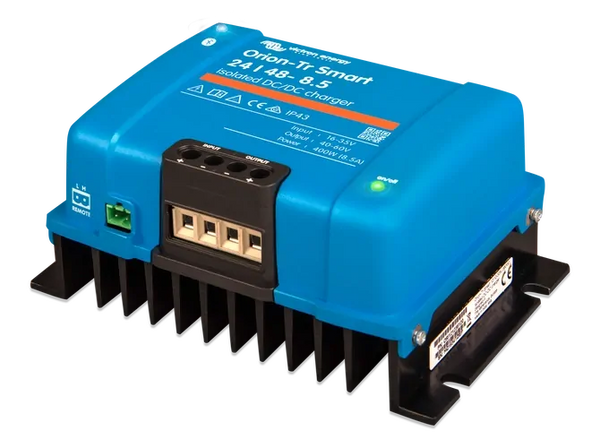 Angled side view of Victron Orion-Tr charger showing the black aluminium heat sink base