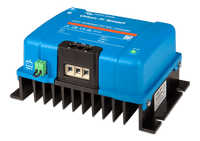 Angled view of Victron DC-DC charger showing cooling fins and screw terminal block