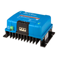 Angled view of Victron DC-DC charger showing cooling fins and screw terminal block