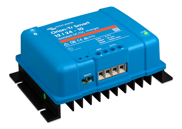 Side perspective of Orion-Tr Smart charger highlighting black aluminium heat sink fins