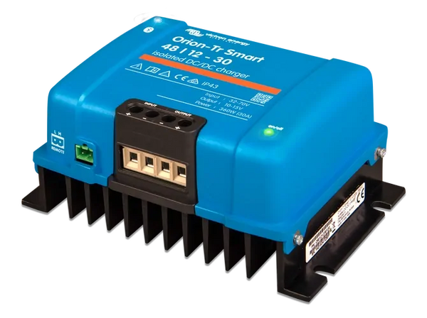 Angled perspective of Victron Orion-Tr Smart 48-12-30 isolated charger with heatsink and terminal block